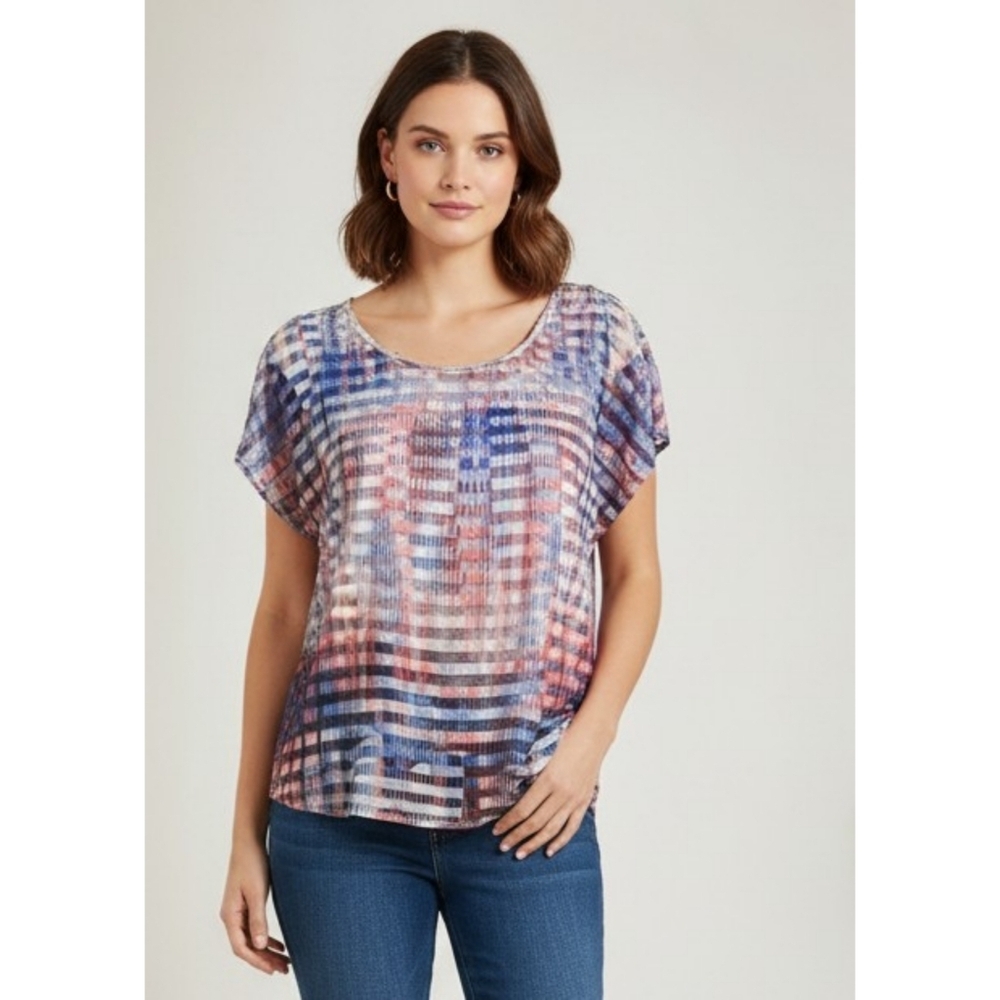 Energe' Tank with Sheer Striped overlay Lace detail on back Multicolor Size L